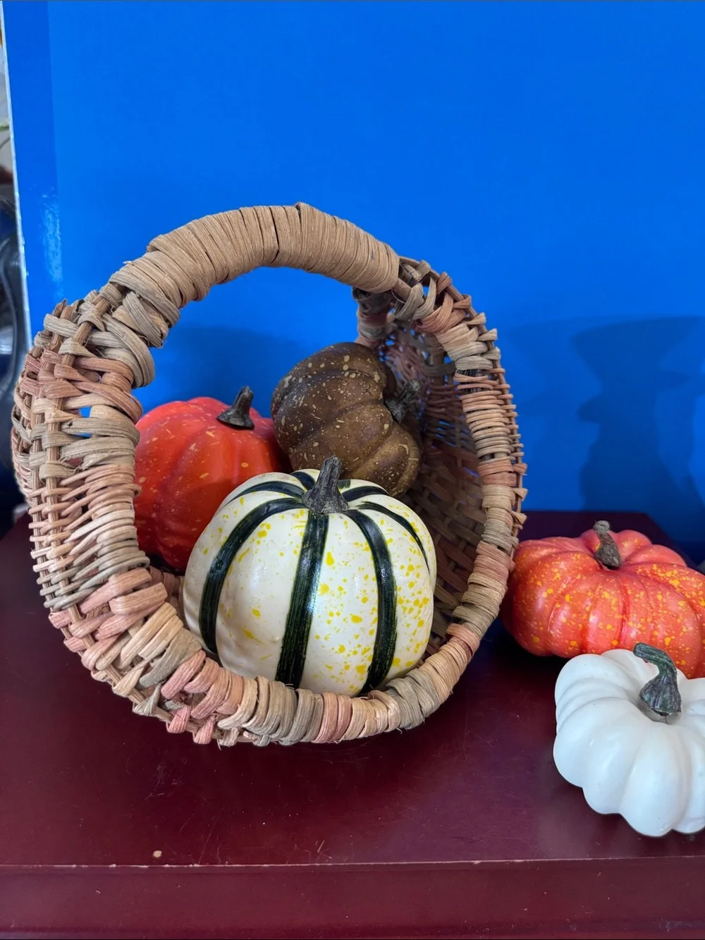 Decorative Woven Basket with Assorted Fall Pumpkins - Natural/Tan